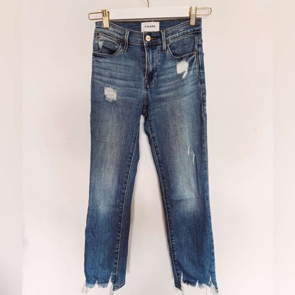 Frame Denim Blue Le High Straight Leg Jeans with Distressed Details